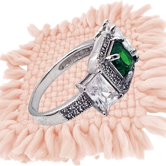 Created Emerald Center Stone & CZ Sterling Silver Ring - Picture 2 of 5